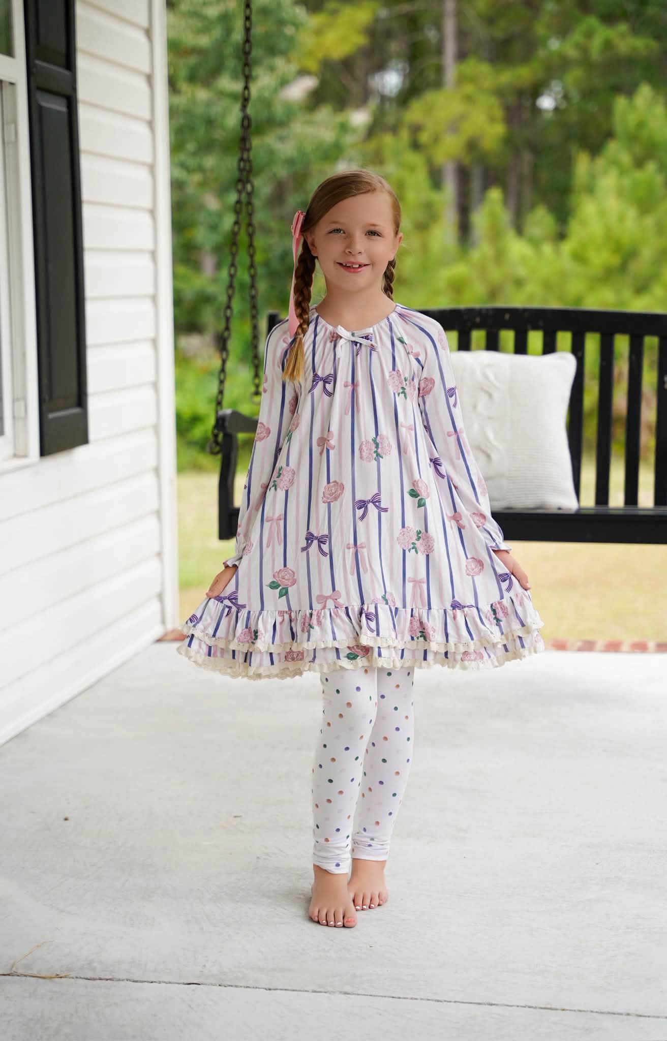 (2026 Fall Keepsake Collection) Long Sleeve Bow Comfort Dress with Leggings