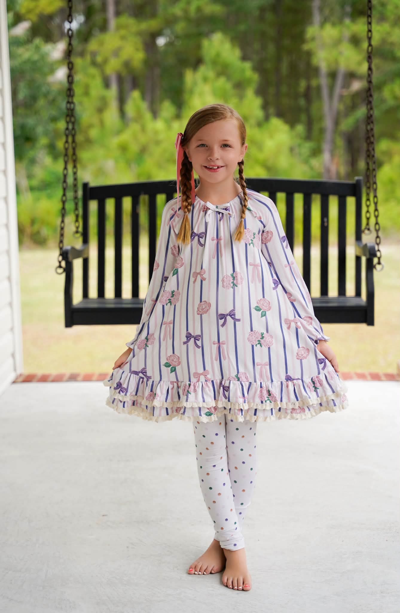 (2026 Fall Keepsake Collection) Long Sleeve Bow Comfort Dress with Leggings