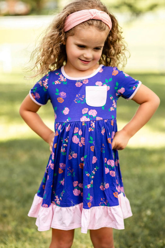 (2026 Fall Keepsake Collection) Short Sleeve Blue Floral Twirl Dress